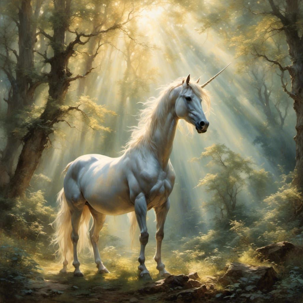 Opalescent Unicorn in Golden Hour Forest Glade