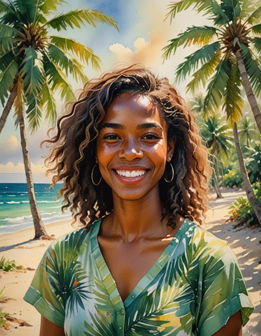 Caribbean Woman Portrait in Watercolor Impressionist Style