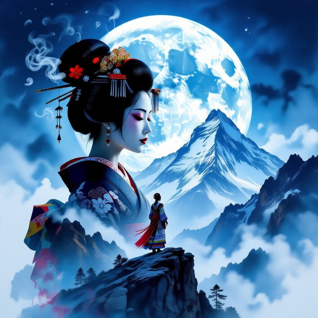 Geisha and Princess Double Exposure in Oil Painting Style