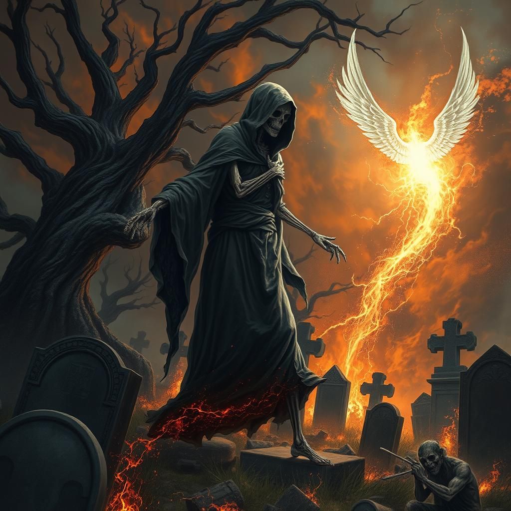 Ethereal Wraith Soaring Over Graveyard in Dark Fantasy Art