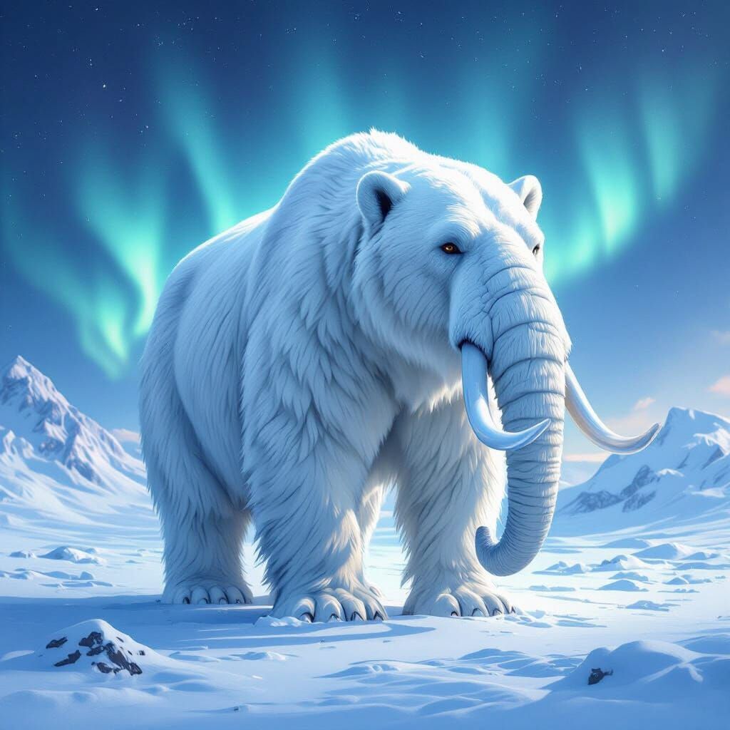 Elephant-Polar Bear Hybrid in Aurora Borealis Arctic Scene