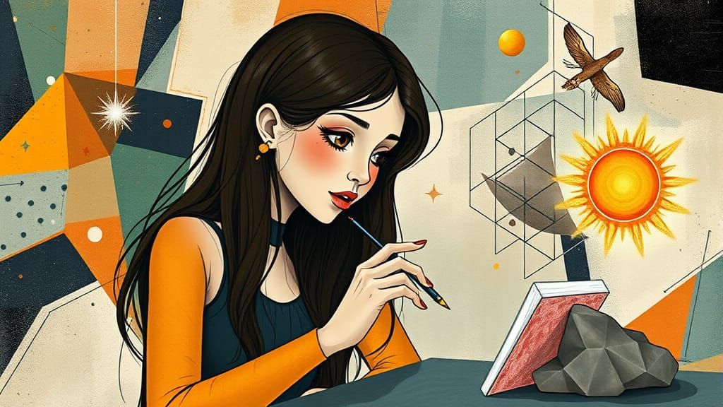 Girl Drawing in Abstract Cubism Style