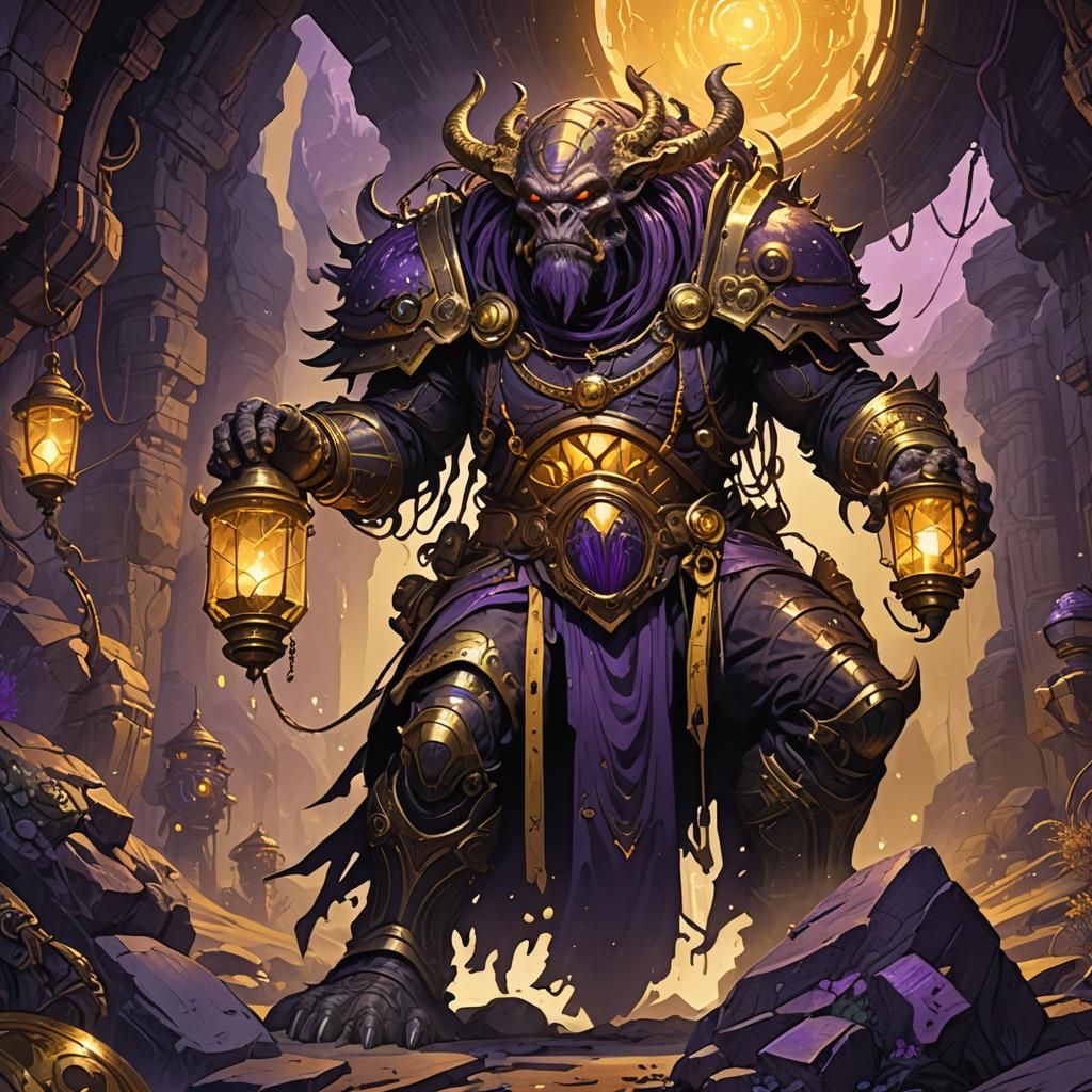 Alien Patriarch Invades Gold Mine in Dark Fantasy Art