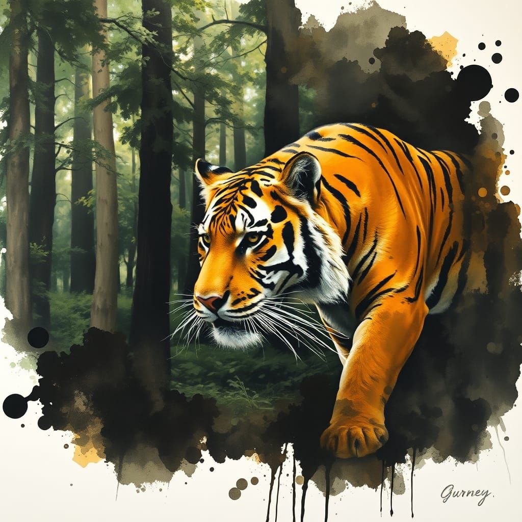 large ink blot in which a tiger can be seen, in the background forest,