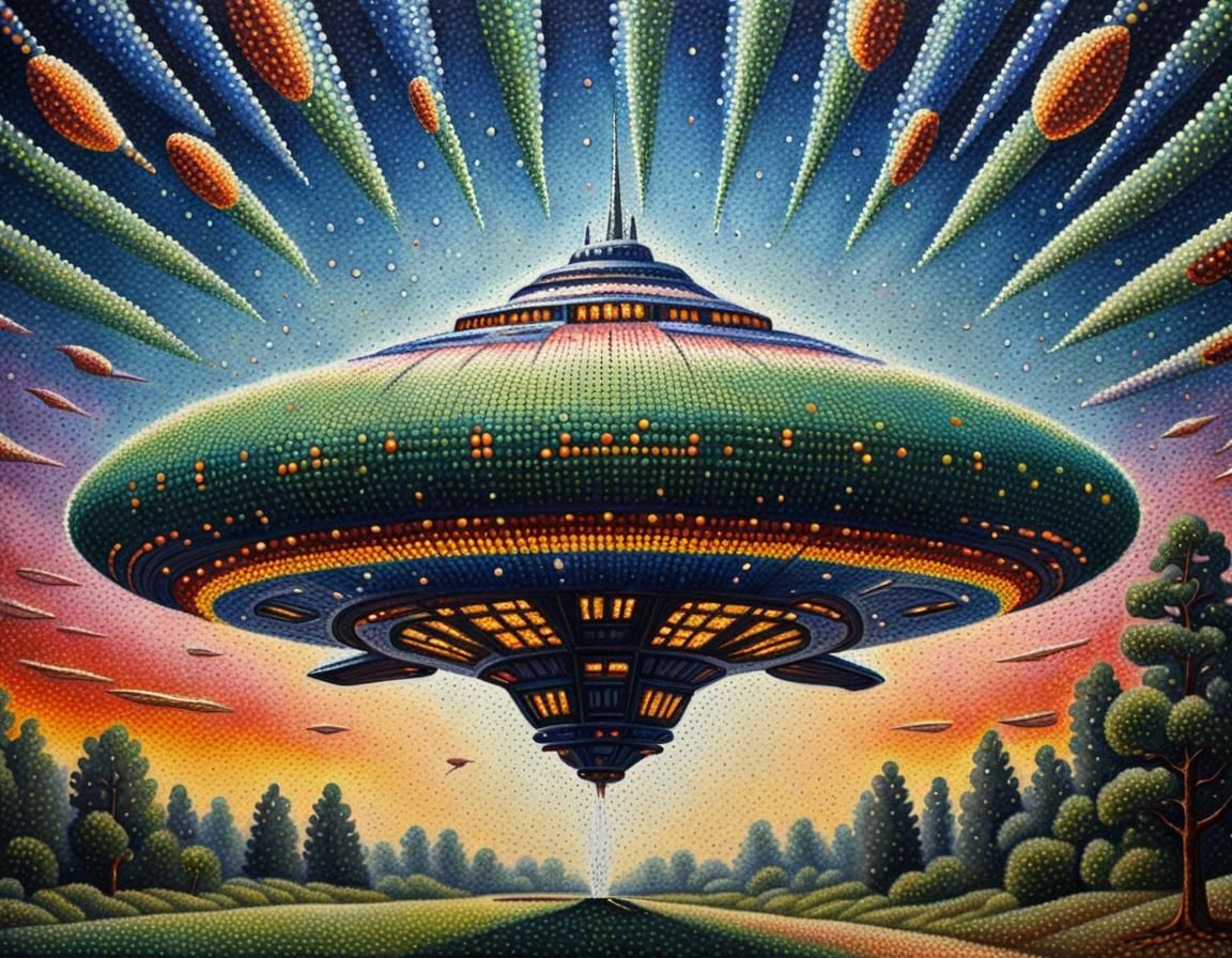 Alien Spaceship in Kinetic Pointillism Style