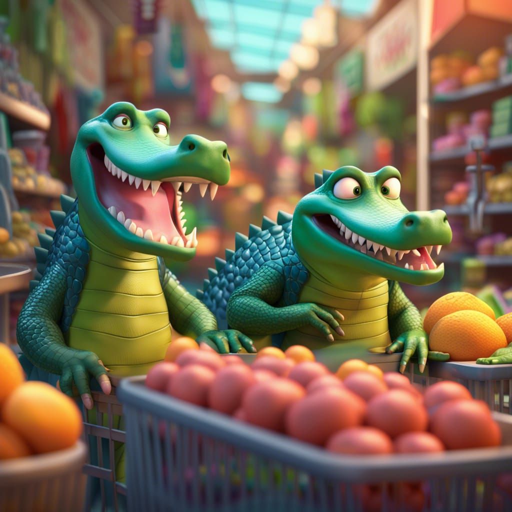 Alligators Shopping for Food: Pixar Style 3D Render