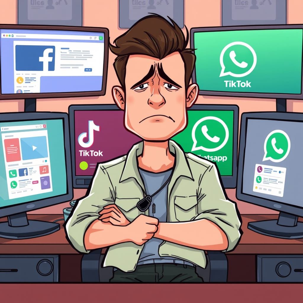 Frustrated Cartoon Man Surrounded by Social Media
