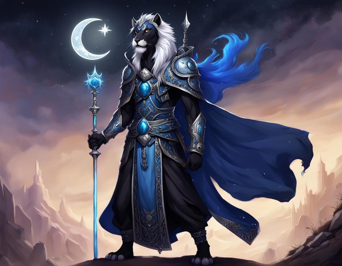 Leonin Twilight Cleric in Moonlight, Hyperrealistic Art