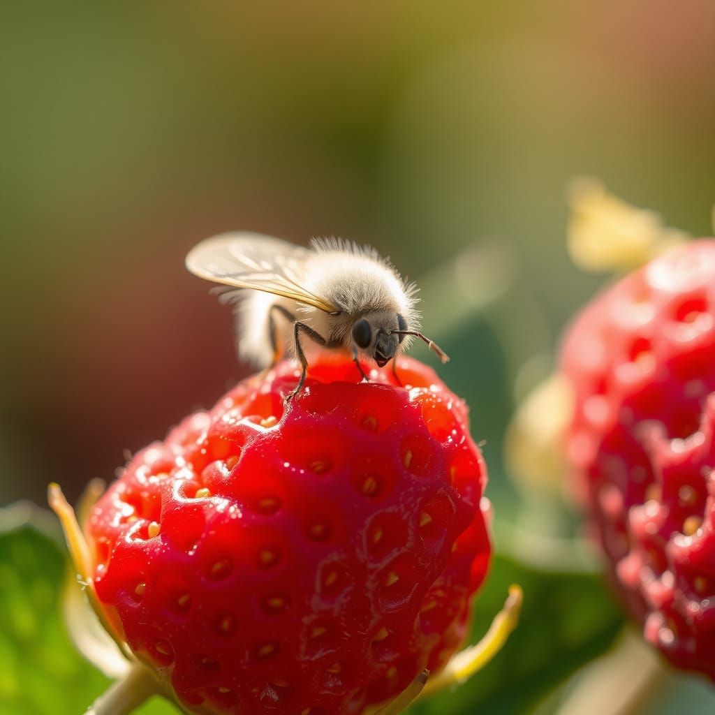 Fluffy Moth on Strawberry in Sunlight
