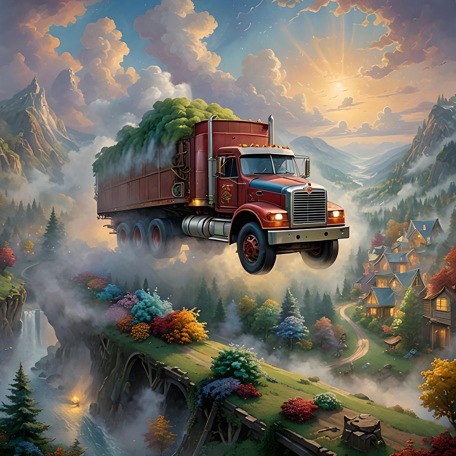 Ethereal Flying Semi-Truck in Fantasy Landscape