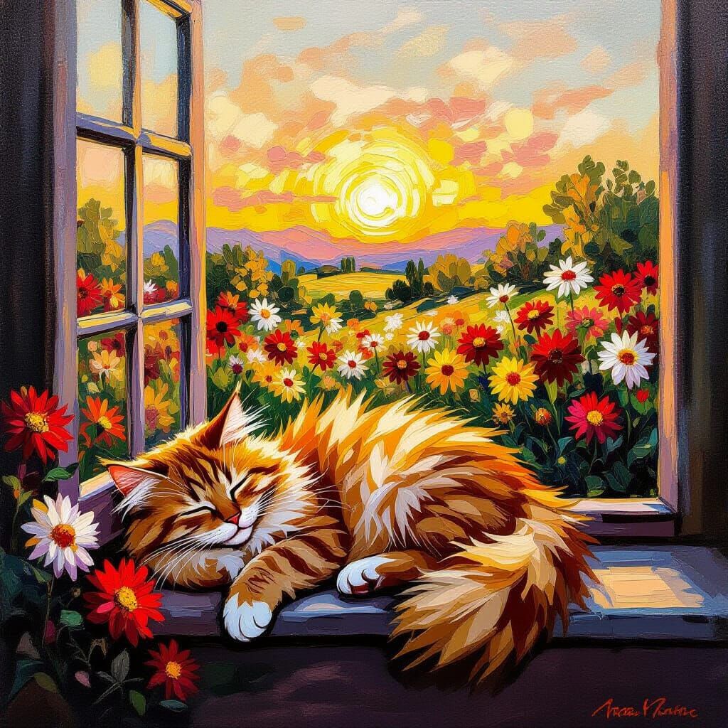 Fluffy Ginger Cat Sleeps in Golden Hour Light