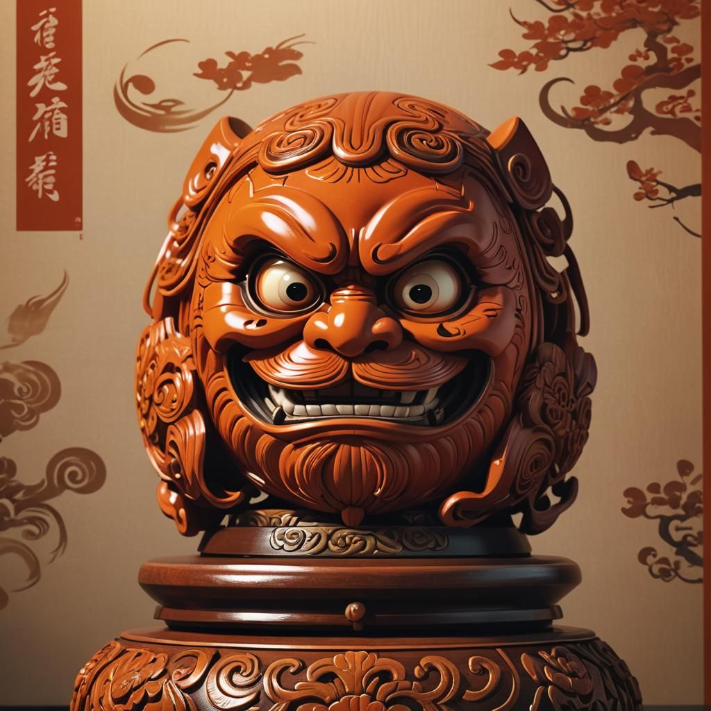 Vibrant Orange Daruma Doll in Anime-Inspired 3D Art