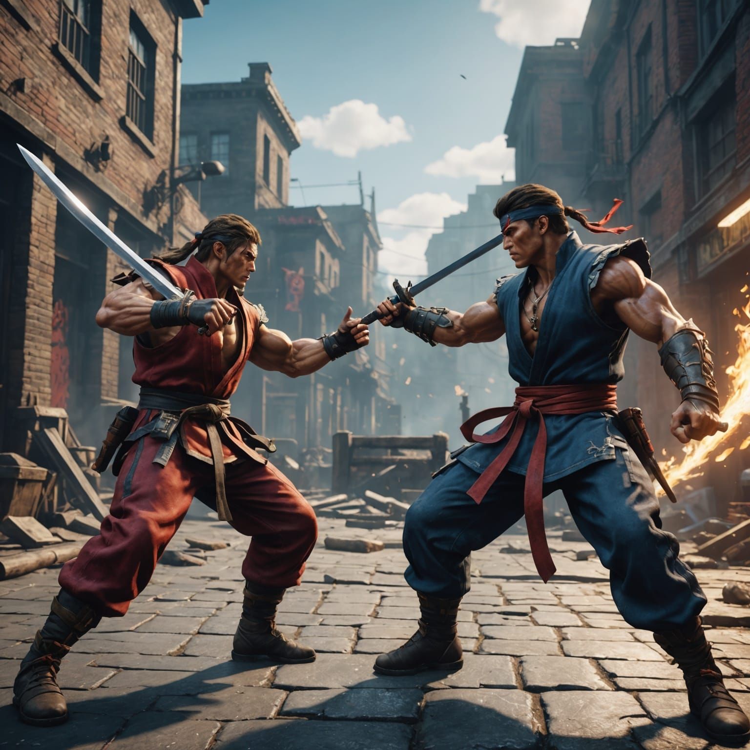 Street Fighters Duel with Swords in Detailed Matte Painting