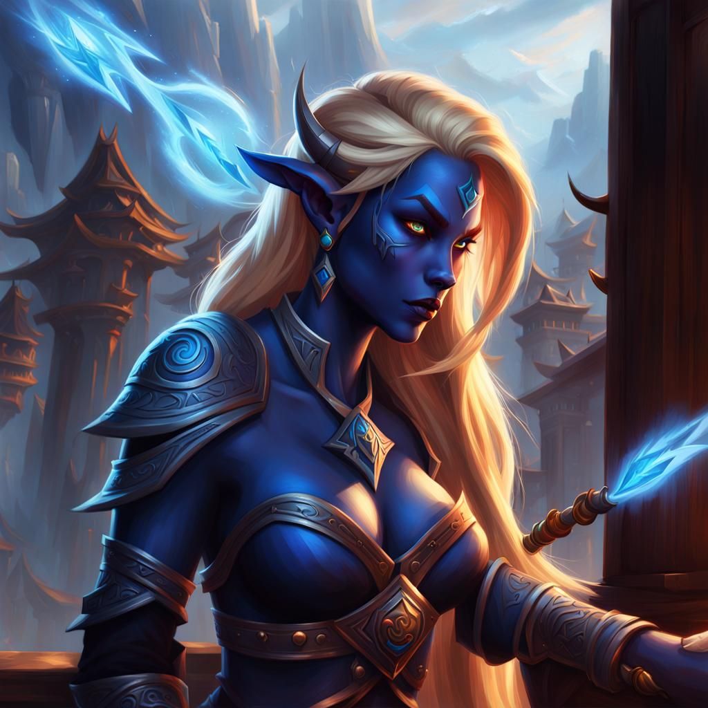 Blue Draenei Woman on Stormwind Balcony