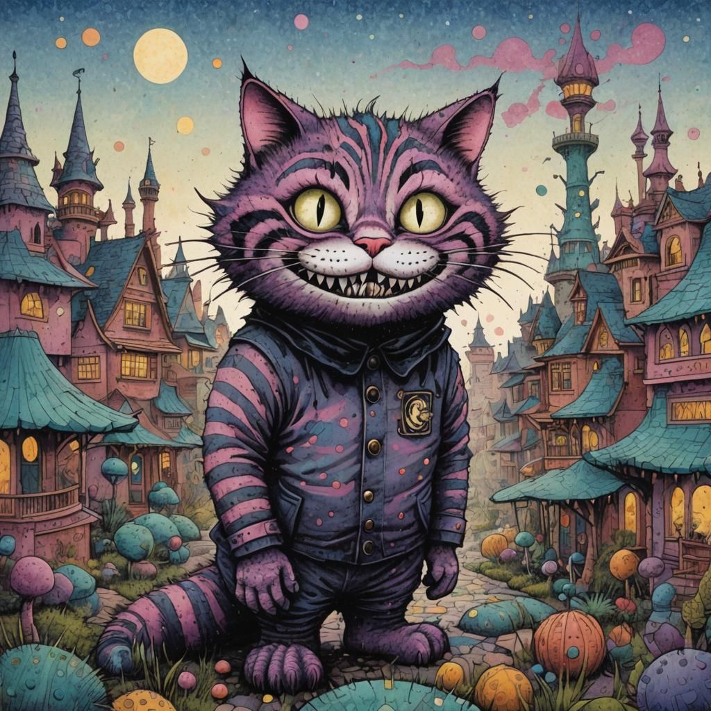 Pointillist Cheshire Cat in Pen and Ink Style