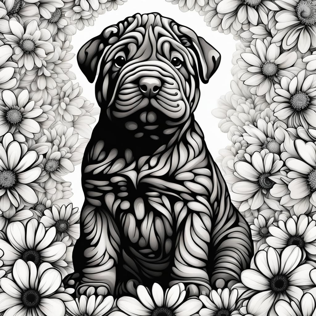 Black Sharpei Puppy in Daisies with Fractal Shading