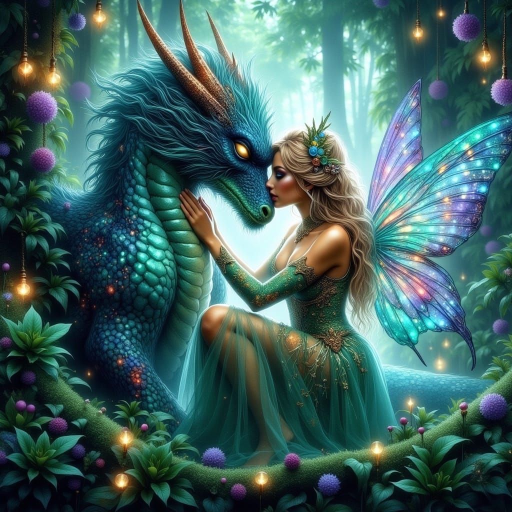 Whimsical Faerie and Dragon Share a Magical Moment in an Enc...