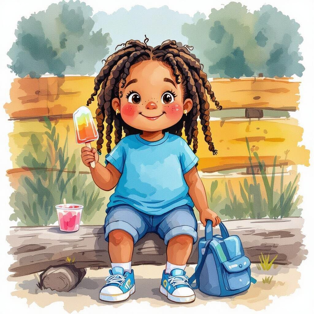 Happy Girl with Popsicle, Watercolor Illustration