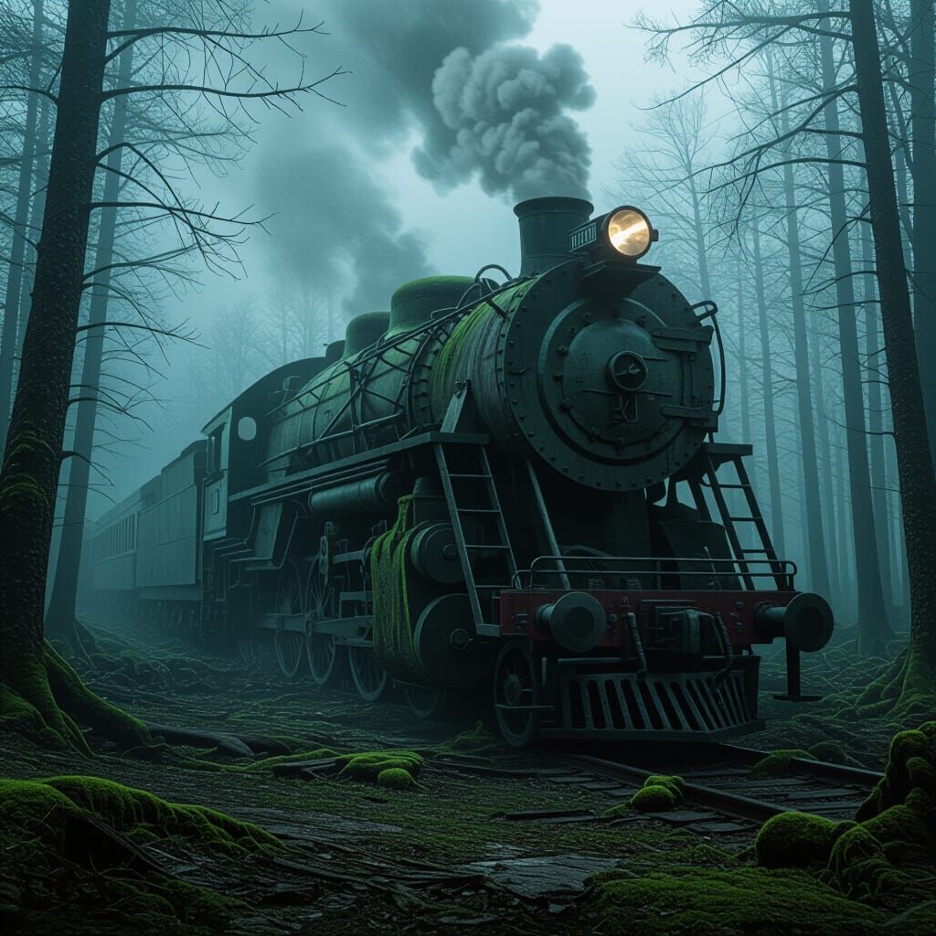 Colossal Ancient Train in Misty Swamp Forest
