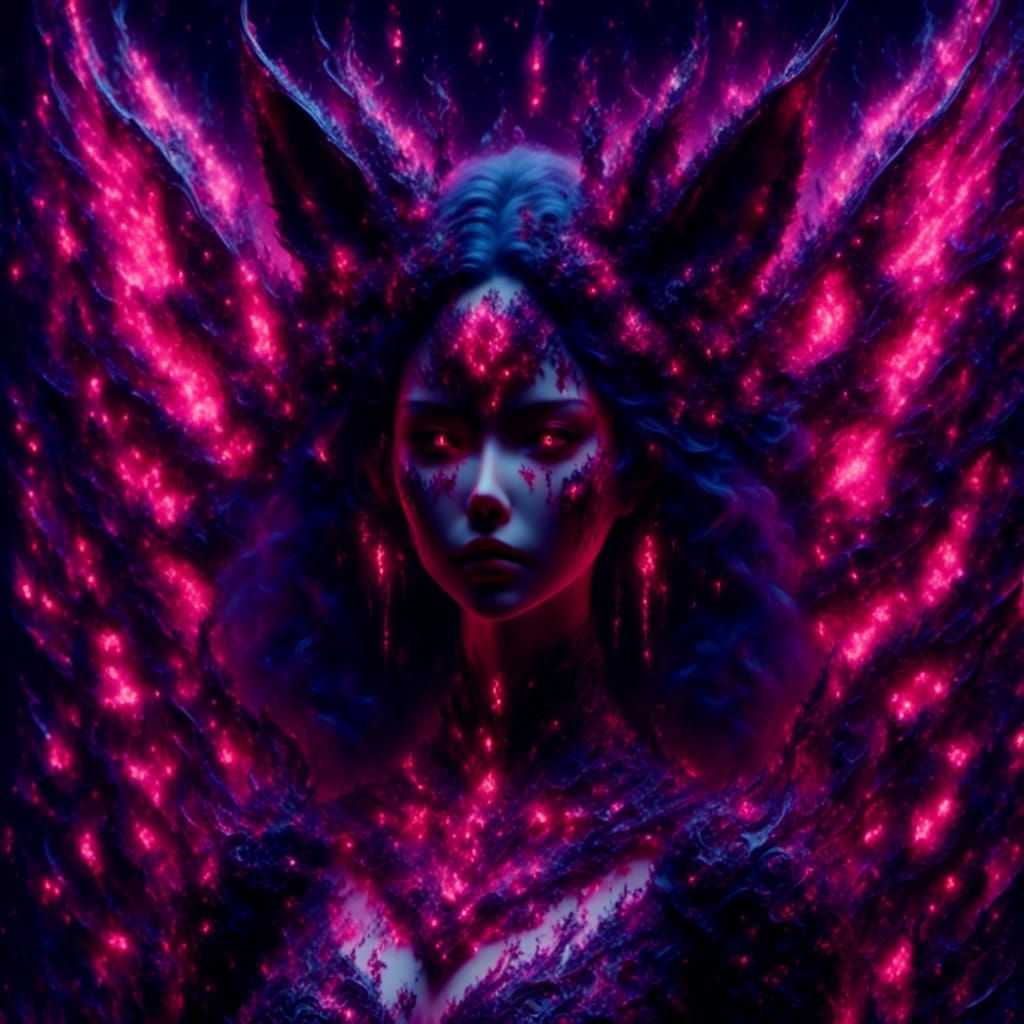 Winged Kitsune Girl with Glowing Runes in 64k