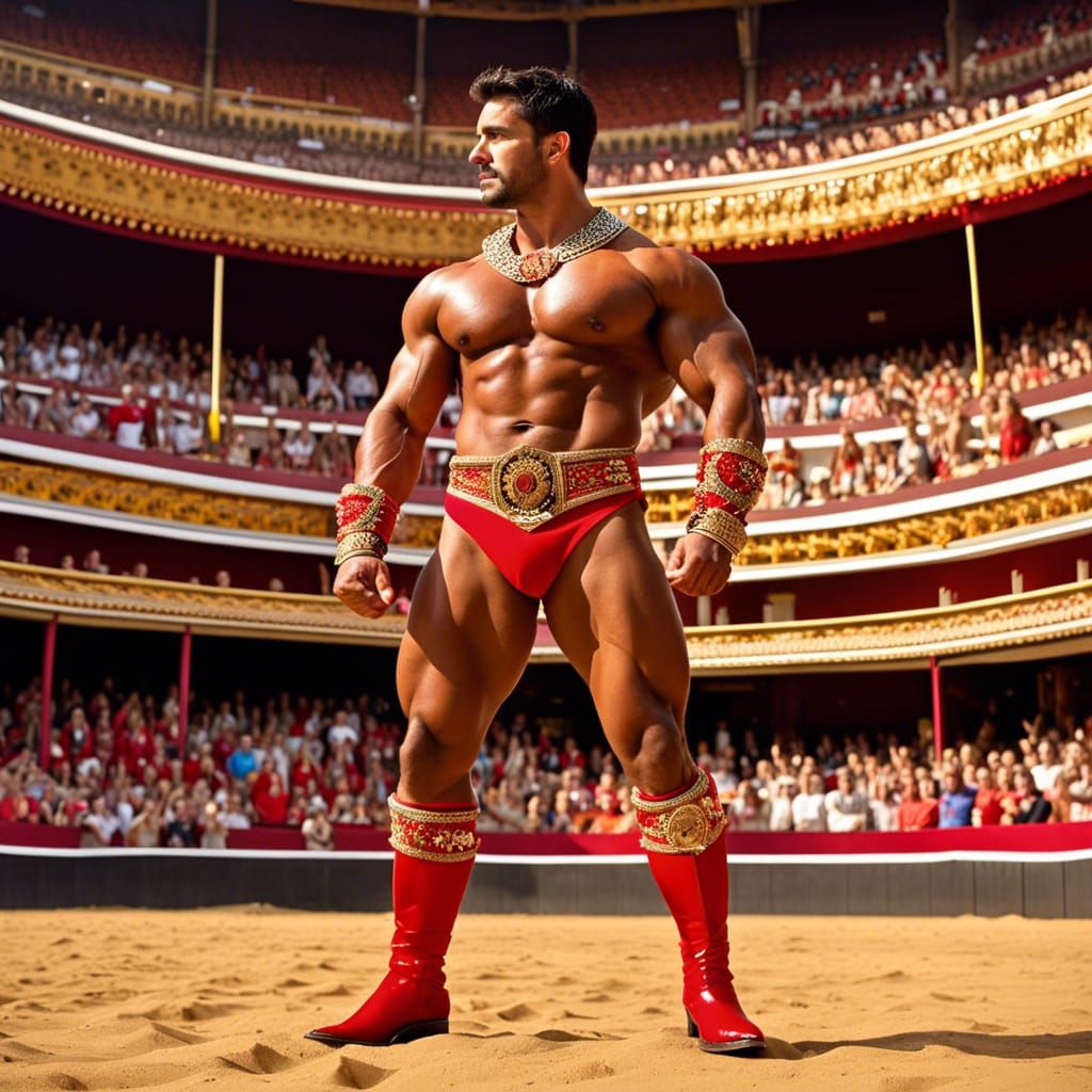 Detailed Matador Hunk Taunting Bull in Bullring