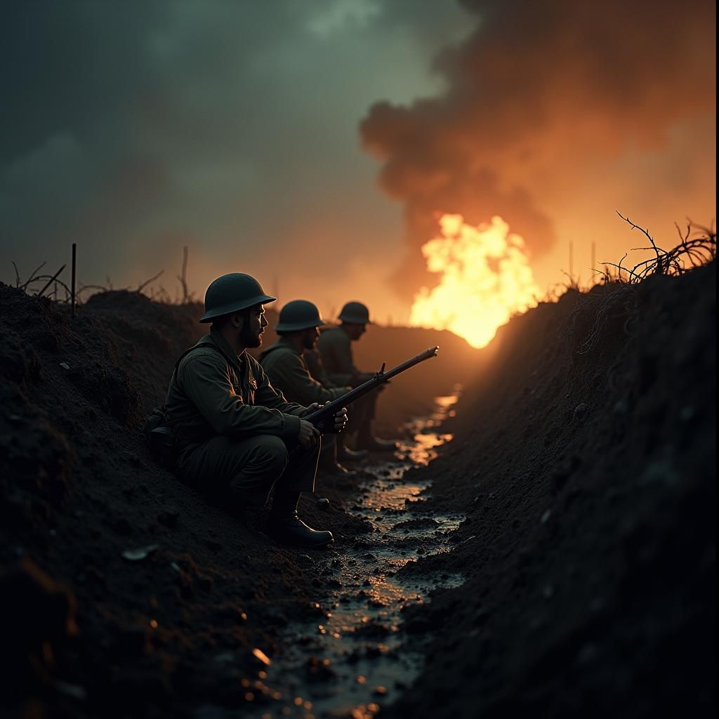WWI Soldiers in Trench Under Artillery Fire