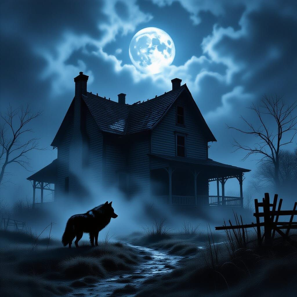 Lone Wolf Before Ancient Farmhouse Under Stormy Moonlit Sky
