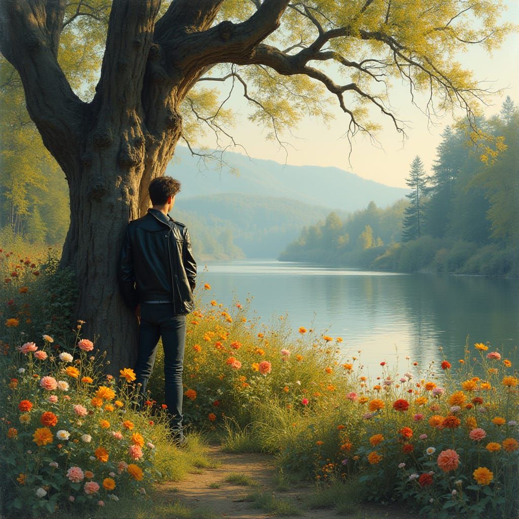 Man in Black Leather Jacket Stands Beside a Towering Tree in...