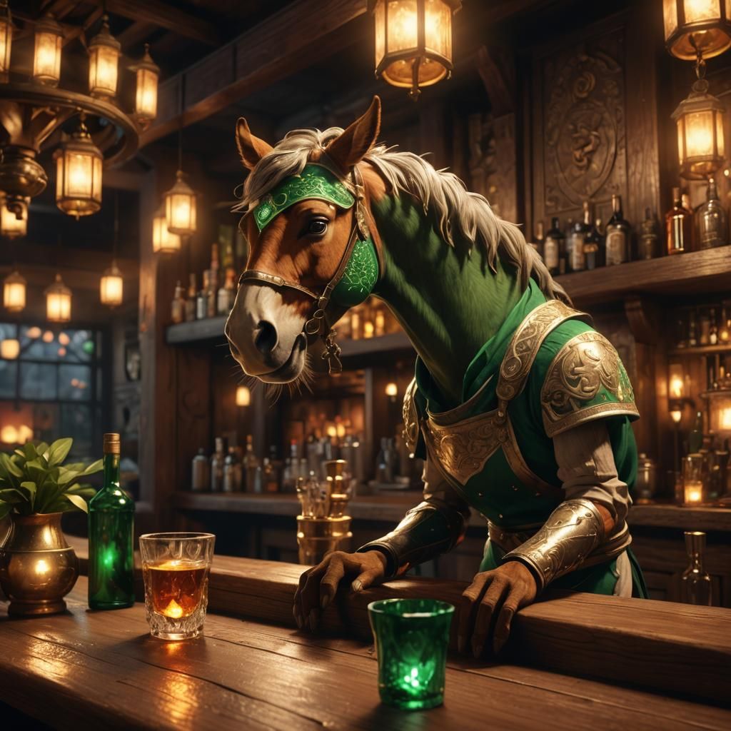 Equine Bartender Polishing Emerald Glass in 3D Cinematic