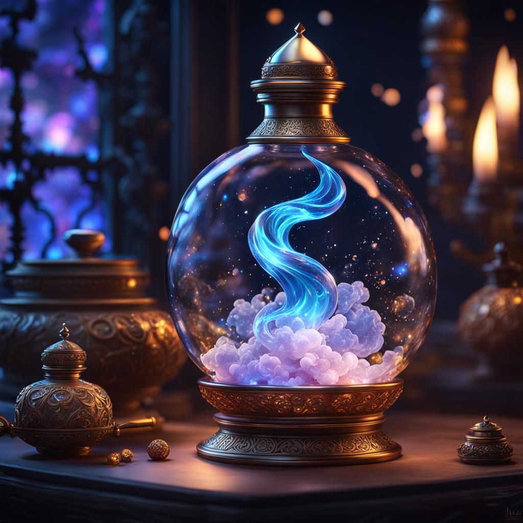 Cosmic Genie in a Bottle: Hyperrealistic Art