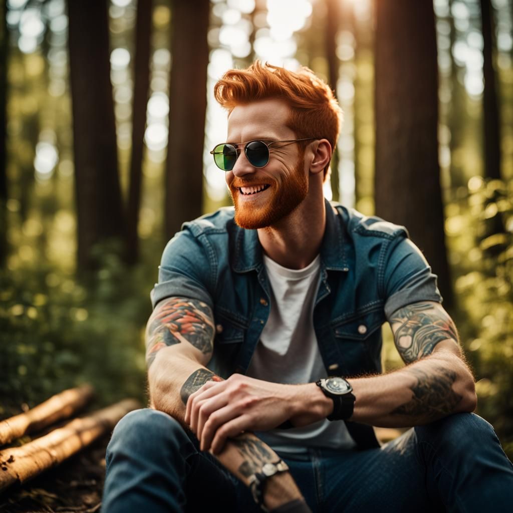 Ginger Man with Tattoo Relaxing in Forest, Photography