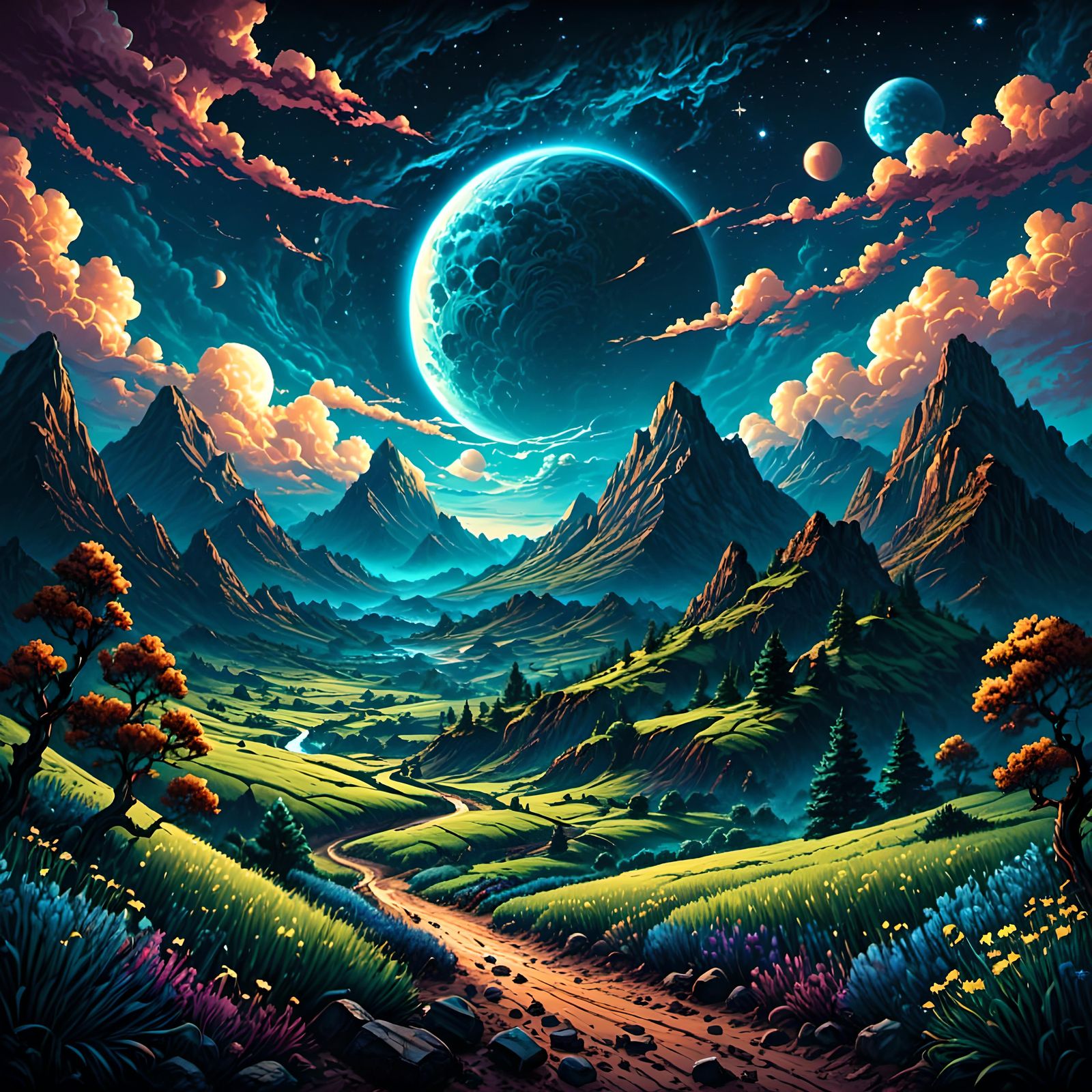 Cosmic Starry Night Landscape by Dan Mumford