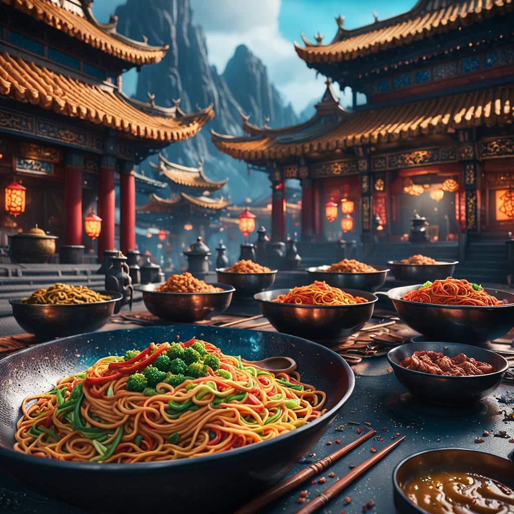 Detailed Matte Painting of Chow Mein in 8K
