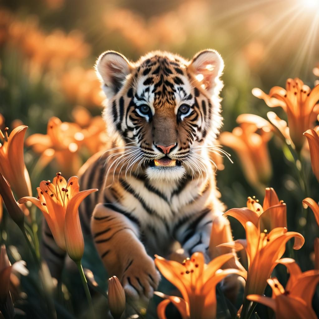 Tiger Cub in Tiger Lilies with Heavenly Light