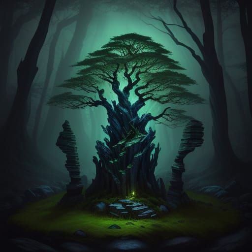 Mysterious Stone in Dark Forest Oil Painting