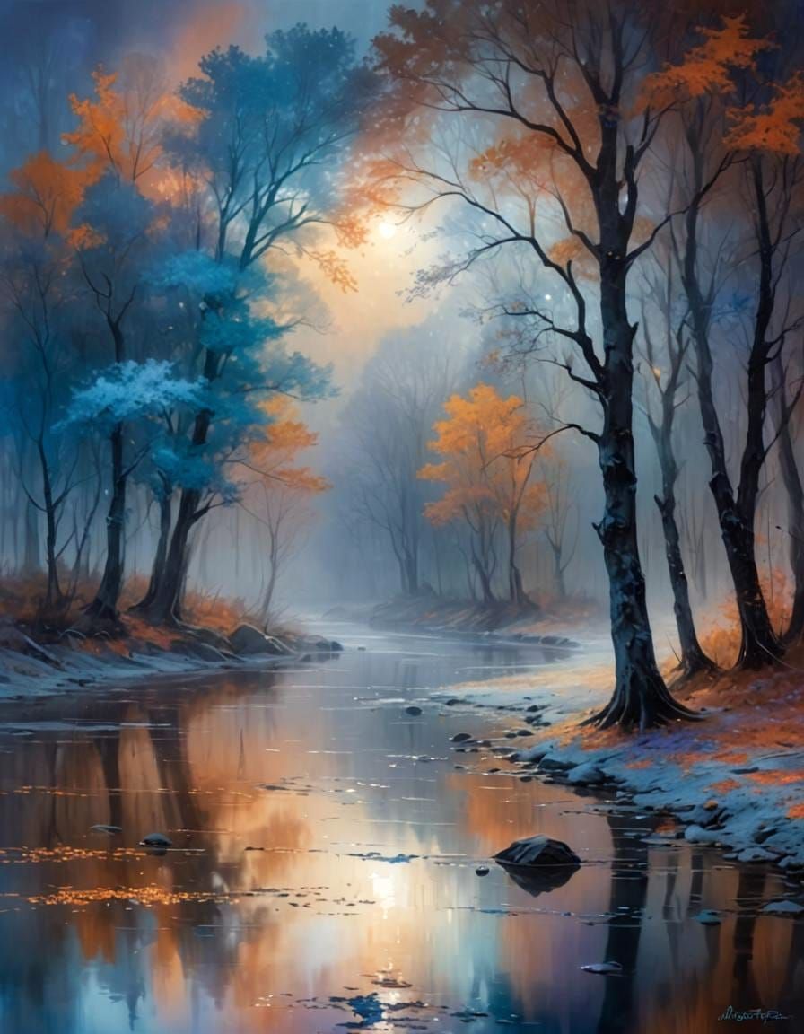 Mystical Landscape Painting with Abstract Elements