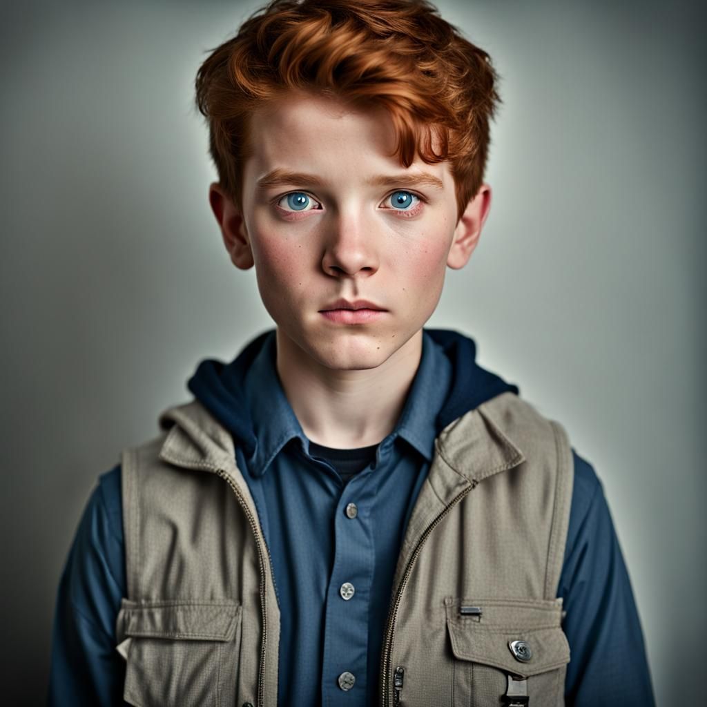 Nervous Red-Haired Boy Portrait with Studio Lighting