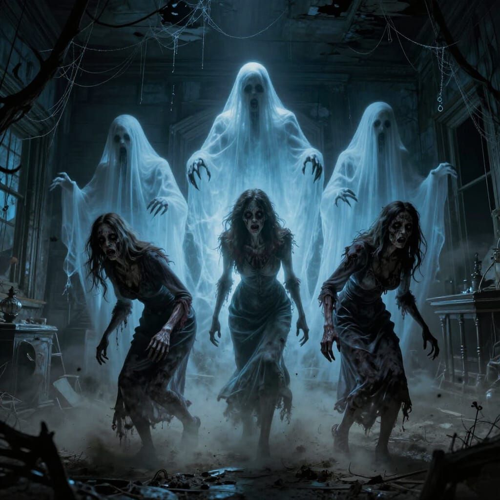 Ghostly Apparitions Haunt Dilapidated House with Zombie Wome...