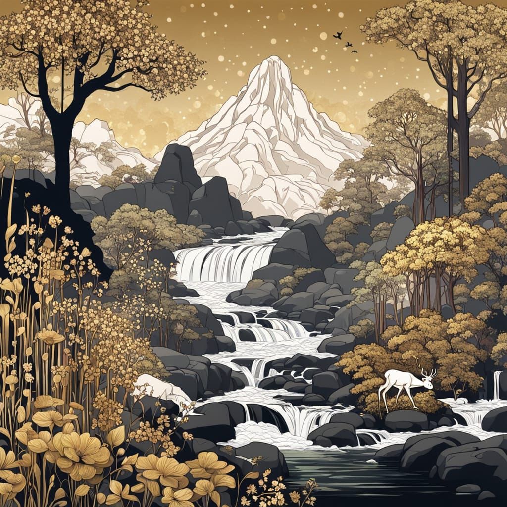 River, Waterfall, Deer and Rocks in Splash Art Style