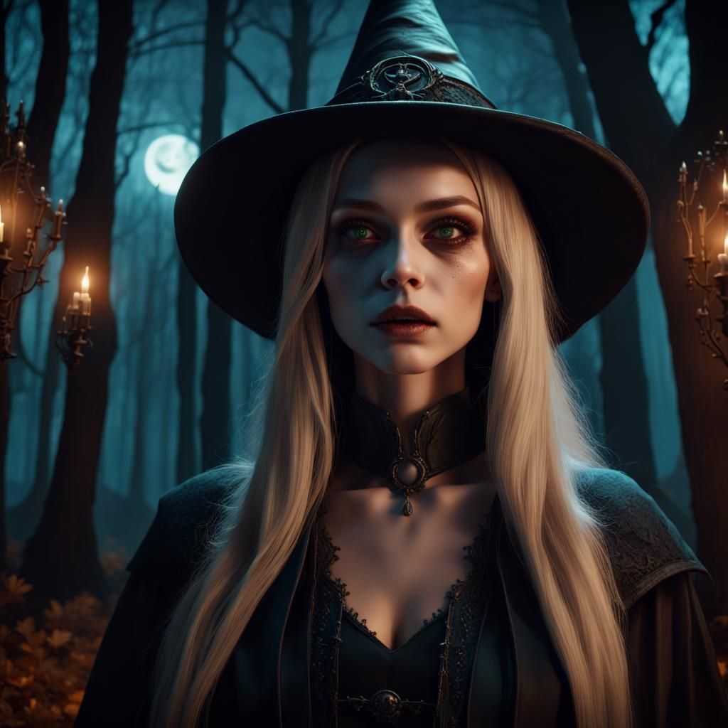Young Halloween Witch in Graveyard: Detailed Matte Painting