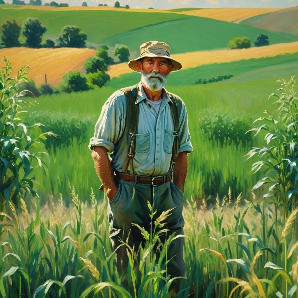 Impressionist Farmer in Lush Farm Landscape