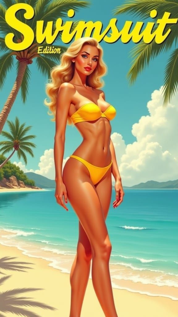 Stunning Supermodel in Yellow Swimwear on Tropical Beach
