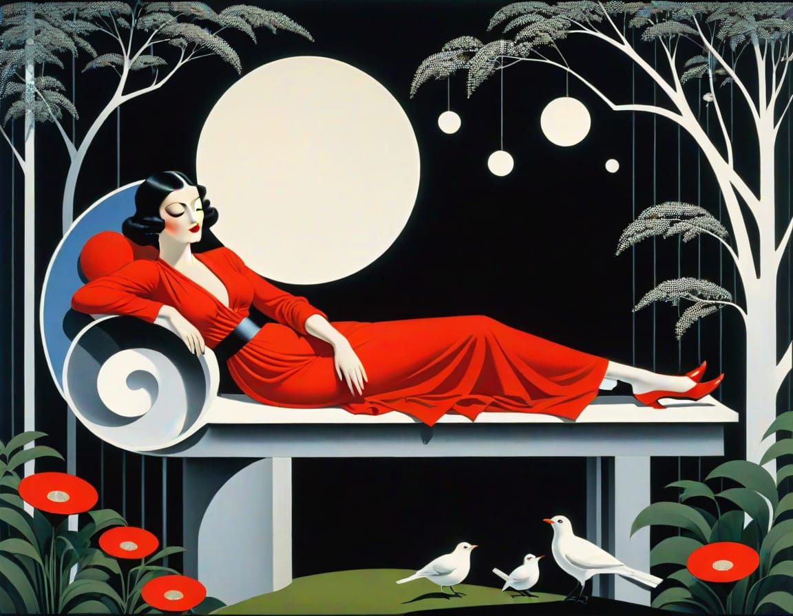 Moonchild in Garden: Constructivist Art Illustration