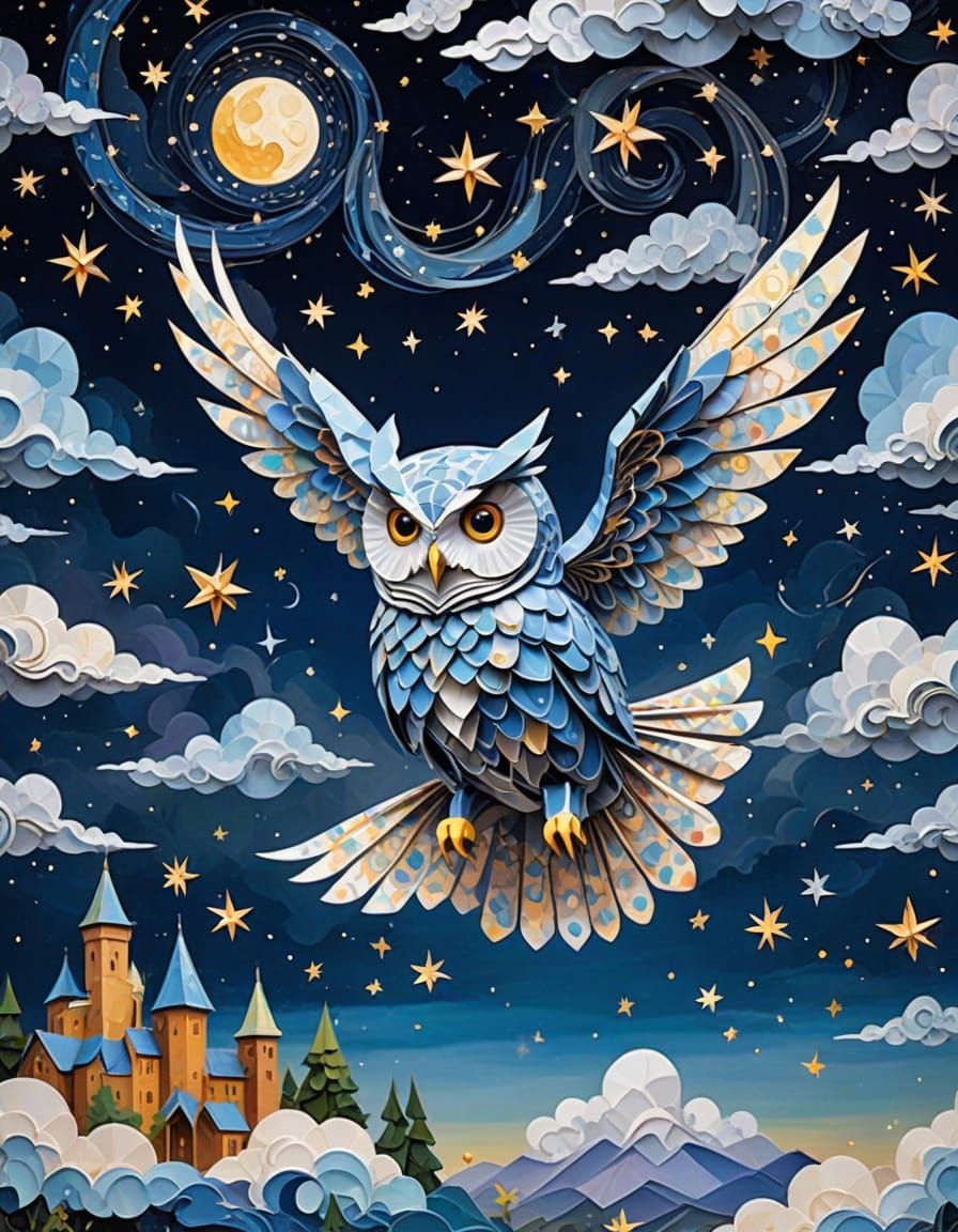 Origami Owl Soars through a Starry Night Sky in Whimsical Ar...