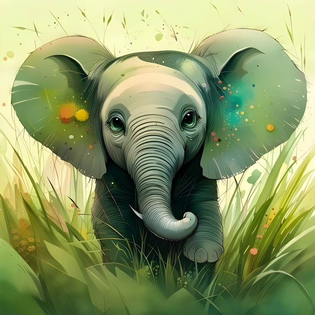 Adorable Baby Elephant in Lush Grass, Hyperrealistic Art