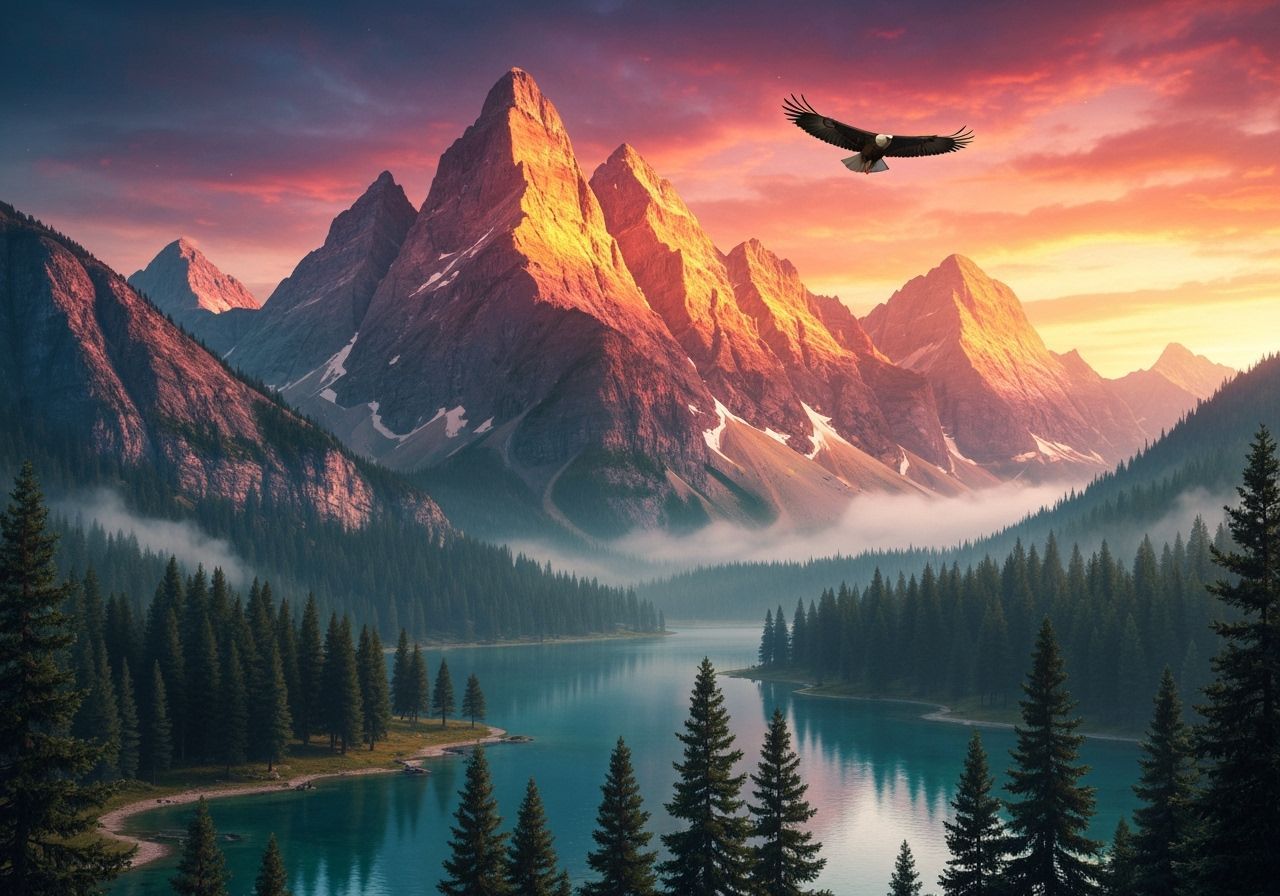 Majestic Mountains at Sunset Over Reflecting Lake