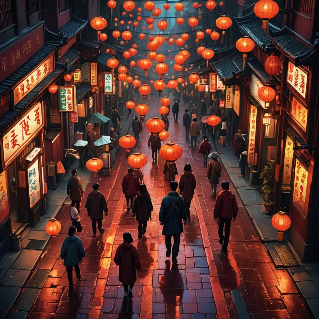 Bustling China Town Street at Night in Splash Art Style