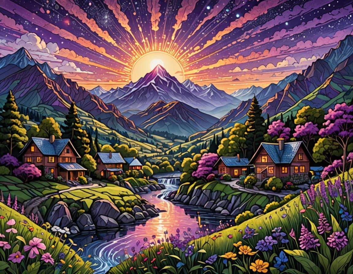 Enchanting Zentangle Landscape in Purple Hues