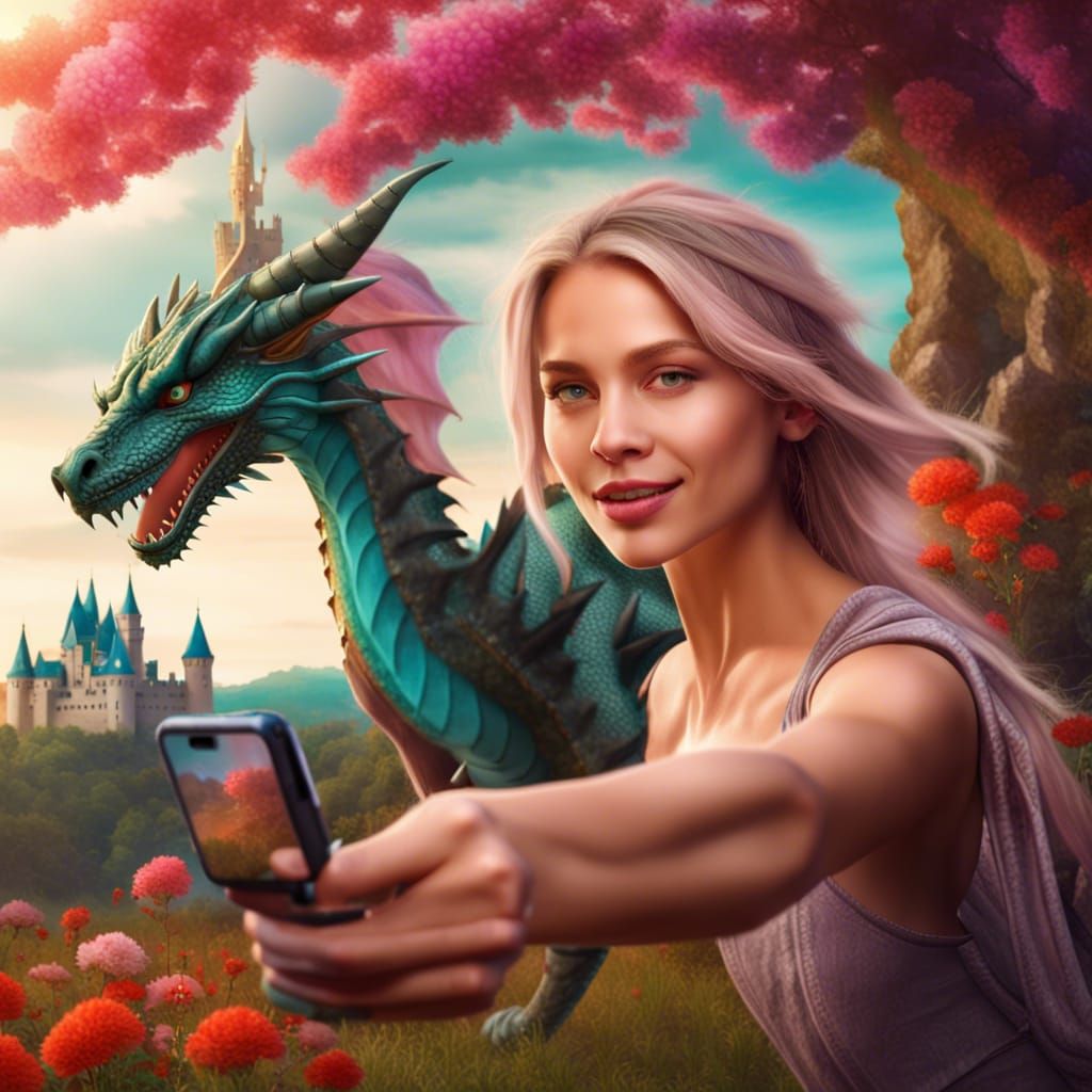 Warrior Selfie with Dragon, Fantasy Concept Art