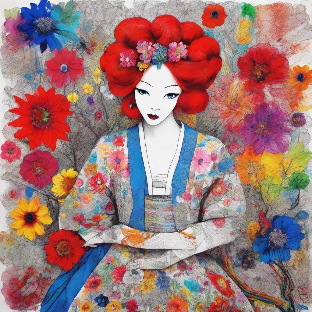 Girl in Hanbok Dress with Surreal Crayon Drawing Style